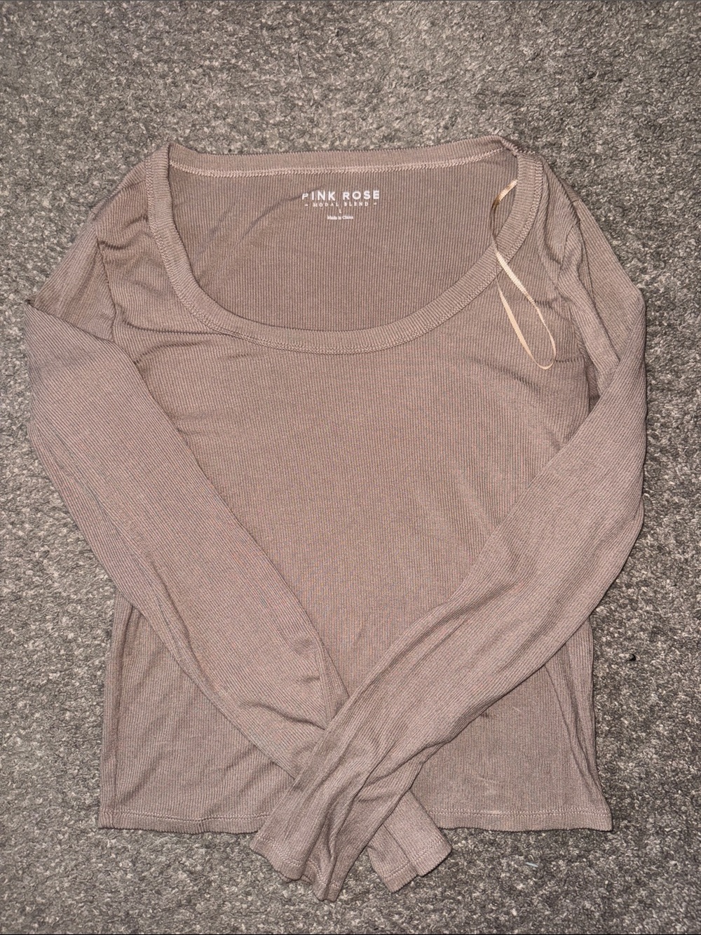 Pink Rose Ribbed Long Sleeve Scoop Neck Top - Taupe